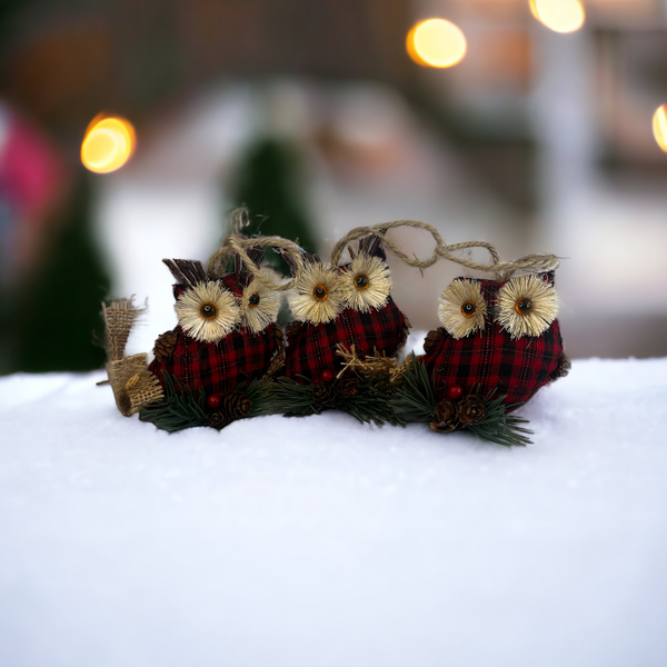 3 Pcs Buffalo Plaid Owl Ornament Set